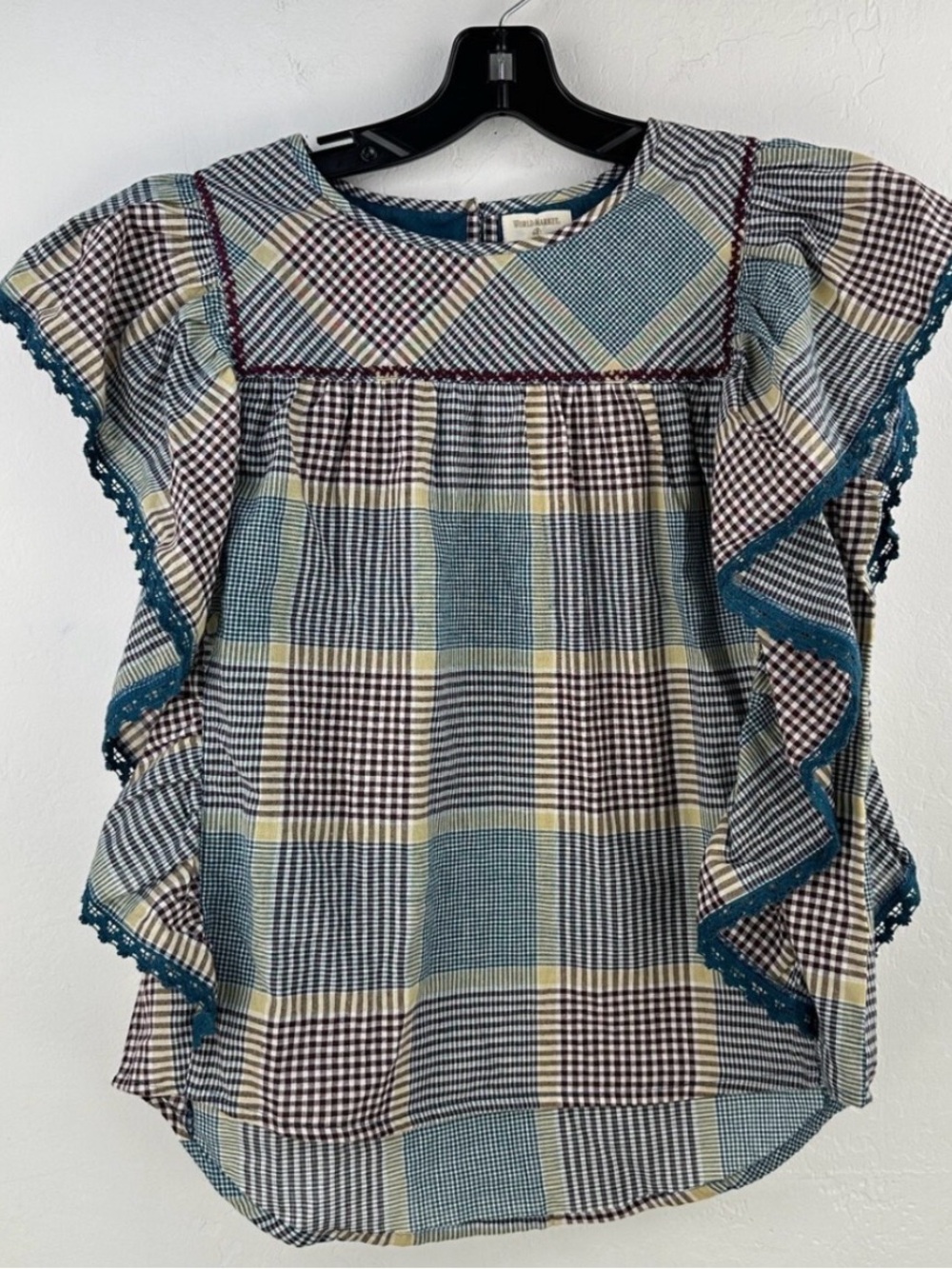 World Market Plaid Gingham Flutter Sleeve Blouse Size L/XL prairie cottagecore - Picture 2 of 4